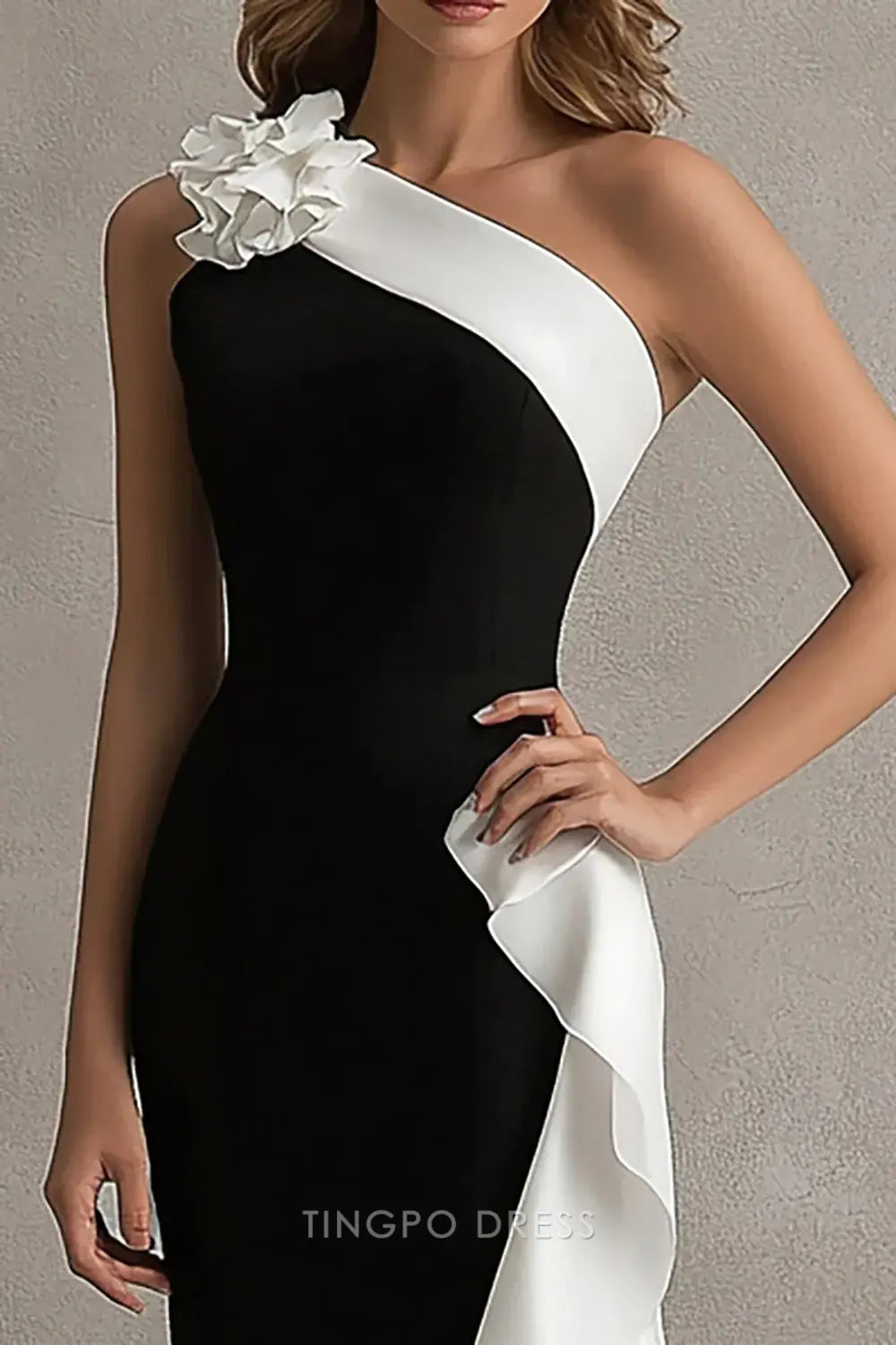 Elegant One - Shoulder Color Block Ruffle Mermaid Maxi Dress with Flower Detail Prom Dress